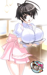  antenna_hair apron between_breasts black_eyes black_hair breast_rest breasts female female huge_breasts large_breasts leaning_forward omc open_mouth short_hair skirt smile solo standing tray waitress 