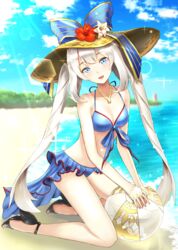  absurdres bad_id bad_pixiv_id ball beach beachball bikini blue_bikini blue_bow blue_eyes blue_ribbon blush bow breasts cleavage commentary_request day fate/grand_order fate_(series) female hat hat_bow high_heels highres holding holding_ball long_hair looking_at_viewer marie_antoinette_(fate) marie_antoinette_(swimsuit_caster)_(fate) marie_antoinette_(swimsuit_caster)_(third_ascension)_(fate) outdoors ribbon sandals seiza sitting smile solo swimsuit telaform twintails water white_hair 