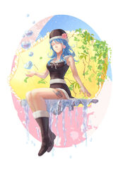  black_footwear blue_hair boots breasts bubble cleavage closed_eyes commentary english_commentary fairy_tail female flower folie_(cac82622) fur_boots hair_flower hair_ornament hat heart_bubbles highres ivy juvia_lockser medium_breasts plant sitting smile solo tattoo 