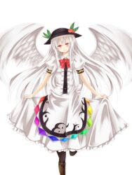  alternate_hair_color angel_wings awai_shiro bad_id bad_pixiv_id black_pantyhose blush boots bow female food fruit g-tenko-r hat highres hinanawi_tenshi leaf long_hair m.u.g.e.n pantyhose peach puffy_sleeves red_eyes short_sleeves smile solo touhou transparent_background very_long_hair white_hair white_wings wings 