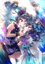  2girls absurdres angel_wings bare_shoulders commentary_request drill_hair dual_persona feathered_wings feathers grey_hair highres hoshika_ranoe idolmaster idolmaster_cinderella_girls kanzaki_ranko long_hair multiple_girls open_mouth red_eyes rosenburg_engel_(idolmaster) selfcest twin_drills twintails wings yuri 