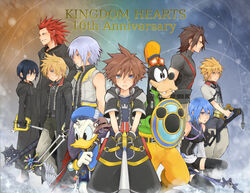  2girls 6+boys alternate_hairstyle aqua_(kingdom_hearts) axel_(kingdom_hearts) bad_id bad_pixiv_id black_coat_(kingdom_hearts) black_footwear black_gloves black_hair black_legwear blonde_hair blue_eyes blue_hair brown_hair bunta01 chain_necklace chains commentary detached_sleeves disney donald_duck dual_wielding furry furry_male gloves goofy green_eyes grey_hair hakama hakama_skirt holding hood hoodie japanese_clothes jewelry keyblade kingdom_hearts kingdom_hearts_358/2_days kingdom_hearts_birth_by_sleep kingdom_key multiple_boys multiple_girls necklace red_hair riku_(kingdom_hearts) roxas shield shoes short_hair skirt sora_(kingdom_hearts) staff terra_(kingdom_hearts) thighhighs ventus_(kingdom_hearts) way_to_the_dawn xion_(kingdom_hearts) 