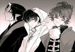  3boys akgi bad_id bad_pixiv_id coat commentary_request gradient_background grey_background greyscale hakutaku_(hoozuki_no_reitetsu) hoozuki_(hoozuki_no_reitetsu) hoozuki_no_reitetsu horns japanese_clothes long_sleeves looking_at_viewer male_focus monochrome multiple_boys oni_horns pointy_ears single_horn white_coat 