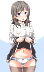  absurdres ass_visible_through_thighs bad_id bad_nicoseiga_id black_skirt blue_background blush bow bow_panties breasts brown_hair brown_pantyhose china_moeka clothes_lift clothes_pull commentary_request cowboy_shot female groin hair_between_eyes hair_ornament hairclip high_school_fleet highres jacket kapatarou lifting_own_clothes long_hair long_sleeves looking_at_viewer medium_breasts military_jacket navel panties pantyhose pantyhose_pull parted_lips pleated_skirt purple_eyes simple_background skirt skirt_lift solo standing two-tone_background underwear white_background white_jacket white_panties 