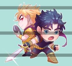  2boys birthmark blonde_hair blue_eyes blue_hair chibi commentary_request dio_brando ear_birthmark highres jojo_no_kimyou_na_bouken jonathan_joestar luck_and_pluck male_focus multiple_boys phantom_blood red_eyes sb_(hiratsei) stone_mask_(jojo) sword weapon 