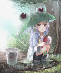  :o animal-themed_umbrella black_footwear blush boots brown_hair bucket coat collarbone commentary_request day female holding kojiki-life long_hair mask miyauchi_renge non_non_biyori open_clothes open_coat open_mouth outdoors purple_hair rain raincoat red_eyes rubber_boots shirt socks solo sparkle squatting tree trowel twintails umbrella white_socks 