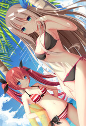  2girls bikini black_bikini blonde_hair blue_eyes blush bow breasts cleavage cloud commentary_request contrail day dutch_angle feather_hair_ornament feathers green_eyes hair_ornament hair_ribbon highres innertube lexington_(warship_girls_r) long_hair looking_at_viewer medium_breasts multiple_girls muq navel outdoors photoshop_(medium) pink_hair revision ribbon shade side-tie_bikini_bottom small_breasts smile striped_bikini striped_clothes summer swim_ring swimsuit taihou_(warship_girls_r) transparent twintails very_long_hair warship_girls_r 