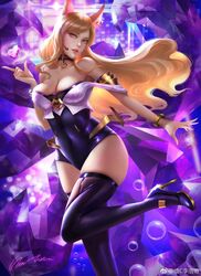  ahri_(league_of_legends) animal_ears artist_name backlighting bare_shoulders black_thighhighs blonde_hair bracelet breasts choker chunhwei_lee cleavage commentary_request corset covered_navel earrings female fox_ears headset heart high_heels highres jewelry k/da_(league_of_legends) k/da_ahri league_of_legends lips long_hair looking_at_viewer medium_breasts nose signature skindentation solo standing standing_on_one_leg thighhighs yellow_eyes 