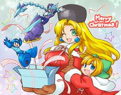  2girls android blonde_hair blue_eyes blunt_bangs blush bow breasts brown_gloves brown_mittens christmas coat commentary_request dress earrings fur_hat gift gloves green_eyes hat helmet holding holding_another&#039;s_arm jewelry kalinka_cossack_(mega_man) large_breasts lolicon long_hair mega_man_(character) mega_man_(classic) mega_man_(series) mega_man_11 merry_christmas mittens multiple_girls one_eye_closed open_mouth ponytail red_bow red_coat ribbon robot rockman_xover roll_(mega_man) santa_costume santa_dress smile tobitori tundra_man ushanka 