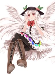  alternate_color alternate_hair_color angel_wings awai_shiro bad_id bad_pixiv_id black_pantyhose blush boots cross-laced_footwear female food fruit full_body g-tenko-r hat highres hinanawi_tenshi lace-up_boots long_hair looking_at_viewer m.u.g.e.n pantyhose peach red_eyes solo thighband_pantyhose touhou transparent_background white_hair wings 