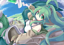  bare_shoulders breasts cleavage commentary_request duel_monster female fingerless_gloves gloves green_eyes green_hair hair_ornament highres jacket jewelry long_hair looking_at_viewer medium_breasts nanashino_(nanasino101) photoshop_(medium) ponytail smile staff winda_(yu-gi-oh!) winda_priestess_of_gusto yu-gi-oh! 