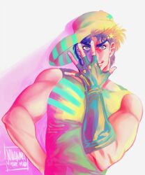  &gt;:) 1boy arm_behind_back artist_name blue_hair colorful commentary_request derivative_work fingerless_gloves gloves green_eyes hair_ornament hat johannathemad jojo_no_kimyou_na_bouken jojo_pose jonathan_joestar jonathan_joestar&#039;s_pose_(jojo) looking_at_viewer male_focus muscular outstretched_hand phantom_blood pose sideways_hat single_glove sleeveless smile solo star_(symbol) star_hair_ornament tank_top upper_body v-shaped_eyebrows 