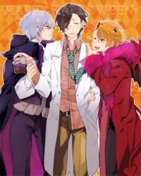  3boys ;) alternate_costume argyle_background beaker blonde_hair boy_sandwich brown_hair cape closed_eyes commentary_request demon_horns demon_wings facial_hair fur_trim glasses goatee grey_hair halloween hazama_michio hita_(hitapita) horns idolmaster idolmaster_side-m looking_at_another maita_rui male_focus moustache multiple_boys oerba_yun_fang one_eye_closed orange_background patterned_background polka_dot polka_dot_necktie s.e.m_(idolmaster) sandwiched smile star_(symbol) sweatdrop wings yamashita_jiro 