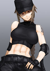  abs bare_shoulders belt braid brown_hair buckle commentary_request elbow_pads female fingerless_gloves gloves hat helevu hetza_(hellshock) knife midriff muscular muscular_female navel original red_eyes scorpion scorpion_tattoo shoulder_tattoo snap-fit_buckle solo tattoo 