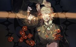  2boys arm_at_side ascot black_neckwear black_ribbon blonde_hair camellia chinese_commentary closed_eyes collared_shirt commentary_request death elliot_nightray flower frilled_sleeves frills hand_on_own_stomach hands_on_another&#039;s_head leo_(pandora_hearts) long_sleeves looking_at_another lying magic_circle male_focus messy_hair multiple_boys neck_ribbon on_back on_floor on_side pandora_hearts parted_lips petals red_flower ribbon sail_mio shade shirt tears upper_body upside-down white_shirt yellow_eyes 