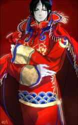  1boy akgi bad_id bad_pixiv_id black_hair crossed_arms frown hoozuki_(hoozuki_no_reitetsu) hoozuki_no_reitetsu horns japanese_clothes looking_at_viewer male_focus oni_horns red_background red_theme single_horn solo 