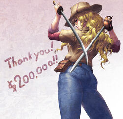  ass blonde_hair cowboy_shot denim dual_wielding female from_behind gloves hat holding jeans kickstarter la_mulana la_mulana_2 lumisa_kosugi naramura official_art pants solo sword thank_you weapon 