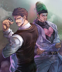  2boys beehive_hairdo black_hair brothers commentary_request daniel_j._d&#039;arby facial_hair green_hair jojo_no_kimyou_na_bouken kouto29 male_focus moustache multiple_boys poker_chip siblings stardust_crusaders tattoo terence_t._d&#039;arby vest waistcoat 