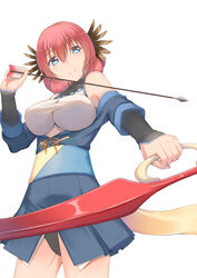  arrow_(projectile) blue_eyes bow_(weapon) breasts commentary_request detached_sleeves female from_below groin_tendon hair_between_eyes highres kaname_(melaninusa09) large_breasts nosuri pink_hair smile solo thighs utawarerumono utawarerumono:_itsuwari_no_kamen weapon white_background 