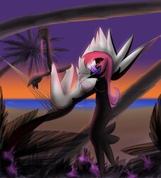  anthro avian beach bedroom_eyes better_version_at_source bird bra clothing corrvo female green_eyes hair half-closed_eyes hi_res looking_at_viewer narrowed_eyes palm_tree panties pink_hair plant seaside seductive sirii solo sunset tree underwear 