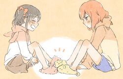  2girls ^_^ animal_hood animal_slippers black_hair blue_shorts blush bow brown_skirt bunny_slippers cat_hood cat_slippers closed_eyes commentary_request from_side grin hairbow hood hood_down hoodie knees_up long_sleeves love_live! love_live!_school_idol_project multiple_girls natsutaro_(sss_stn) nishikino_maki notice_lines orange_background pale_color purple_eyes rabbit_hood red_bow red_hair shorts sidelocks sitting skirt slippers smile twintails yazawa_nico 