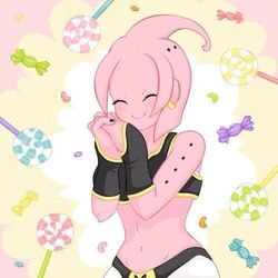  1:1 alien alien_humanoid candy closed_eyes clothed clothing dessert dragon_ball dragon_ball_z ear_piercing epe-tohri female food happy humanoid jewelry majin majin_lamp navel not_furry piercing pink_body pink_skin smile solo 