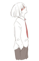  .flow 1boy blood bob_cut commentary_request hands_in_pockets kaibutsu kamina_oct_(kanna111) looking_afar looking_up male_focus necktie profile red_eyes school_uniform shirt simple_background solo standing white_hair 