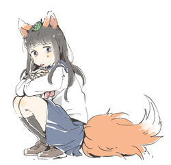  animal_ears black_eyes black_hair black_socks blue_skirt brown_footwear commentary_request crossed_arms elbows_on_knees female fox_ears fox_girl fox_tail highres kneehighs leaf leaf_on_head loafers long_hair natsutaro_(sss_stn) original red_neckwear school_uniform serafuku shoes simple_background skirt socks solo squatting tail tongue tongue_out white_background 