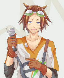  1boy blue_eyes brown_hair commentary_request gloves goggles goggles_on_head ian_(744477) idolmaster idolmaster_side-m male_focus microphone open_mouth sex_toy shiraishi_eru smile solo suspenders sweatdrop vibrator 