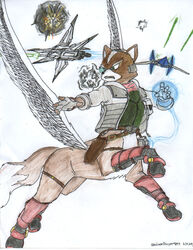  2010 aircraft arwing bottomless canid canid_taur canine canine_taur clothed clothing dragonheart07 energy_ball explosion feathered_wings feathers fingerless_gloves flying fox fox_mccloud fox_taur gloves handwear male mammal mammal_taur neolupetrooper9893 nintendo partially_clothed simple_background solo spacecraft star_fox taur taurification taurified vehicle white_background wings 