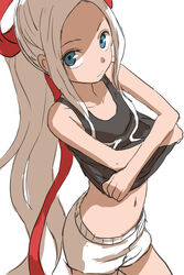  blue_eyes collarbone commentary_request cowboy_shot female fudatsuki_kyouko fudatsuki_no_kyouko-chan hair_ribbon highres long_hair looking_at_viewer midriff navel ponytail ribbon sanpaku shorts sidelocks simple_background solo undressing very_long_hair white_background white_hair yamamoto_souichirou 