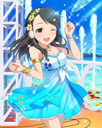  ;d artist_request black_hair blue_eyes bracelet dress female headphones idolmaster idolmaster_cinderella_girls jewelry kurihara_nene long_hair official_art one_eye_closed open_mouth smile solo water 