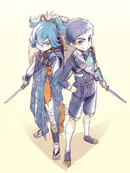  2boys armor atsushi_toushirou bad_id bad_pixiv_id black_hair blue_eyes blue_hair from_above grey_eyes japanese_armor japanese_clothes kesa looking_at_viewer male_focus military military_uniform multiple_boys ponytail sakuma_sanosuke sayo_samonji short_sword shorts shoulder_armor signature smile sode sword tantou touken_ranbu uniform weapon 