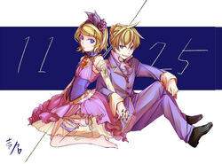  1boy artist_name ascot barefoot blonde_hair blue_eyes brother_and_sister choker colorized commentary_request corset dated dress female flat_chest flower frilled_dress frills grin hair_flower hair_ornament hair_ribbon holding_hands ichi_ka interlocked_fingers kagamine_len kagamine_rin kneeling ribbon ribbon_choker rose shoes short_hair siblings signature sitting smile twins vest vocaloid 