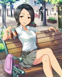  artist_request belt bench bicycle black_hair brown_eyes crossed_legs faceless faceless_female faceless_male female idolmaster idolmaster_cinderella_girls official_art outdoors park_bench shirt short_hair skirt solo_focus togo_ai tree white_shirt 