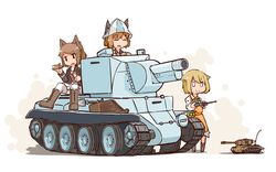  0_0 3girls animal_ears blonde_hair borisx brown_hair bt-42 cat_ears chinese_commentary commentary_request controller fv304 girls_und_panzer hat highres military military_vehicle motor_vehicle multiple_girls original radio_antenna radio_controller remote_control remote_control_vehicle short_hair smile t32_heavy_tank tank toy_tank white_background 