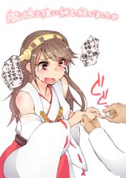  bare_shoulders blush brown_hair commentary_request detached_sleeves female fingernails hairband hand_grab haruna_(kancolle) headgear japanese_clothes jewelry kantai_collection long_hair nontraditional_miko open_mouth putting_on_jewelry red_eyes ribbon-trimmed_sleeves ribbon_trim ring sacha simple_background solo_focus tears translated wavy_mouth wedding_ring white_background wide_sleeves 