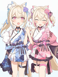  2girls absurdres animal_ear_fluff animal_ears belt black_collar black_sash blonde_hair blue_belt blue_hair blue_kimono blush breasts closed_eyes collar dog_ears dog_girl dog_tail fangs floral_print_kimono flower fuwawa_abyssgard fuwawa_abyssgard_(new_year) hair_flower hair_ornament highres holding_hands hololive hololive_english japanese_clothes kimono large_breasts long_hair looking_at_viewer medium_hair mococo_abyssgard mococo_abyssgard_(new_year) multicolored_hair multiple_girls nekomotowata obi oerba_yun_fang official_alternate_costume open_mouth pink_belt pink_eyes pink_hair pink_kimono ponytail sash short_kimono siblings sisters skin_fang skin_fangs small_breasts spiked_collar spikes streaked_hair tail thigh_strap twins twintails virtual_youtuber white_background 