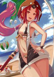  absurdres beach benienma_(fate) benienma_alter_(fate) bikini bird bird_hood black_bikini black_vest blue_sky blush breasts brown_headwear fate/grand_order fate_(series) female food fruit highres hood hooded_vest hoodie inugami86 katana long_hair looking_at_viewer low_ponytail navel open_mouth parted_bangs red_eyes red_hair shore sideless_outfit sky small_breasts smile swimsuit sword thighs very_long_hair vest watermelon weapon white_vest 