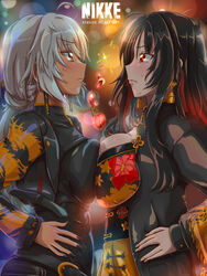  2girls ahoge black_hair black_jacket bob_cut breast_press breasts broken_eyewear chinese_knot cleavage closed_mouth colored_inner_hair dark-skinned_female dark_skin dragon_print dress earrings floral_print goddess_of_victory:_nikke highres jacket jewelry large_breasts long_hair long_sleeves margherita832 moran_(nikke) multicolored_hair multiple_girls ornate_clothes red-tinted_eyewear red_eyes red_hair short_hair sugar_(nikke) sugar_(wild_backyard)_(nikke) symmetrical_docking tassel tassel_earrings tinted_eyewear two-tone_dress two-tone_hair unworn_eyewear white_hair yellow_dress 