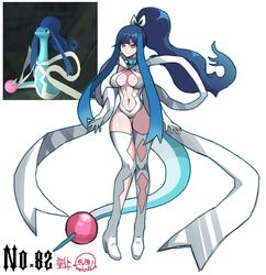  ass_visible_through_thighs azurobe blue_hair blue_tail boots breasts chinese_commentary cleavage closed_mouth dark_blue_hair diamond_cutout elbow_gloves female frown full_body gloves gradient_hair hagoromo hair_ribbon high_heel_boots high_heels high_ponytail highres koshou_shou_mitsu leotard long_hair looking_at_viewer medium_breasts midriff multicolored_hair navel palworld personification red_eyes reference_inset ribbon shawl simple_background solo tail thigh_boots thighs white_background white_footwear white_gloves white_leotard white_ribbon 