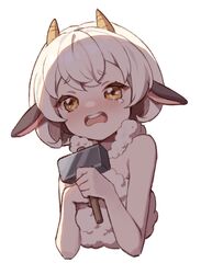  animal_ears bare_shoulders blush brown_eyes cropped_torso eyebrows_hidden_by_hair female hammer holding holding_hammer horns konbu_(hida123) lamball looking_at_viewer open_mouth palworld personification sheep_ears sheep_girl sheep_horns simple_background solo tears teeth thick_eyebrows upper_body upper_teeth_only white_background white_hair 