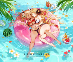  2girls anila_(granblue_fantasy) ass bare_legs barefoot bikini blonde_hair breasts cleavage commission dark-skinned_female dark_skin draph eye_contact food fruit full_body granblue_fantasy hand_on_another&#039;s_stomach horns innertube kumbhira_(granblue_fantasy) long_hair looking_at_another multiple_girls one_eye_closed open_mouth partially_submerged sheep sheep_horns short_eyebrows smile sumustard swim_ring swimsuit thick_eyebrows very_long_hair water watermelon yuri 