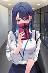  absurdres averting_eyes blue_eyes blue_hair blue_skirt blush box breasts commentary female gift gift_box highres holding holding_box kouhai-chan_(udon) lanyard large_breasts nose_blush office_lady original shirt shirt_tucked_in skirt solo standing translated udon_(udonalium) valentine white_shirt 