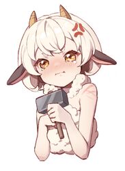  :i anger_vein animal_ears bare_shoulders blush brown_eyes closed_mouth cropped_torso eyebrows_hidden_by_hair female hammer holding holding_hammer horns konbu_(hida123) lamball looking_at_viewer nose_blush palworld personification pout sheep_ears sheep_girl sheep_horns simple_background solo tears thick_eyebrows upper_body white_background white_hair 