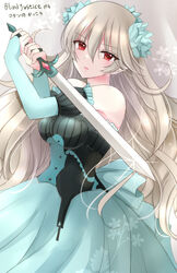  black_sleeves blind_justice blue_dress breasts bridal_gauntlets brown_hair closed_mouth corrin_(female)_(fire_emblem) corrin_(fire_emblem) cosplay detached_sleeves dress female fire_emblem fire_emblem_fates hair_between_eyes hands_up highres holding holding_sword holding_weapon kirishima_riona long_hair looking_at_viewer medium_breasts pleated_dress pointy_ears puffy_short_sleeves puffy_sleeves red_eyes short_sleeves solo striped_sleeves sword translation_request very_long_hair weapon 