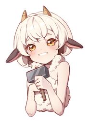  animal_ears bare_shoulders blush brown_eyes cropped_torso eyebrows_hidden_by_hair female grin hammer holding holding_hammer horns konbu_(hida123) lamball looking_at_viewer palworld personification sheep_ears sheep_girl sheep_horns simple_background smile solo thick_eyebrows upper_body white_background white_hair 