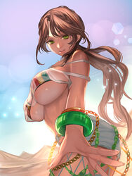  absurdres andromeda_(fate) andromeda_(second_ascension)_(fate) bandeau bare_shoulders bikini bikini_under_clothes blue_sky blush bracelet braid breasts brown_hair chains cross-laced_clothes crown_braid dark-skinned_female dark_skin denim fate/grand_order fate_(series) female green_eyes grey_pants highres jeans jewelry large_breasts long_hair looking_at_viewer low_ponytail multicolored_bikini multicolored_clothes open_mouth pants rainbow_bikini ri-ko see-through sidelocks sky smile solo swimsuit thighs underboob 