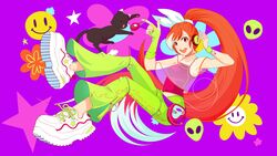  :d absurdres black_cat bow cd_player chelsea_beck crunchyroll english_commentary feline female flower full_body green_pants hairbow headphones highres hime_(crunchyroll) long_hair multicolored_hair pants pink_nails purple_background red_eyes red_hair red_shirt scrunchie see-through shirt shoes smile smiley_face sneakers solo tamagotchi tamagotchi_(virtual_pet) two-tone_hair white_hair white_scrunchie wristband zipper 