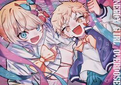  1boy @_@ abstract_background bandaid bandaid_on_cheek bandaid_on_face bandana bandana_around_neck blonde_hair blue_eyes blue_hair blue_serafuku bow bowtie chouzetsusaikawa_tenshi-chan clenched_hand copyright_name crossover cursor denim female grey_sailor_collar grey_serafuku grey_skirt hand_up highres jacket jeans letterman_jacket long_hair long_sleeves multicolored_hair napoli_no_otokotachi needy_girl_overdose oerba_yun_fang open_clothes open_jacket pants pink_hair pleated_skirt quad_tails sailor_collar school_uniform serafuku shirt short_hair skin_fang skirt smile sugiru_(napoli_no_otokotachi) suuno_kamibukuro v-shaped_eyebrows very_long_hair white_shirt yellow_bandana yellow_bow yellow_bowtie yellow_eyes 